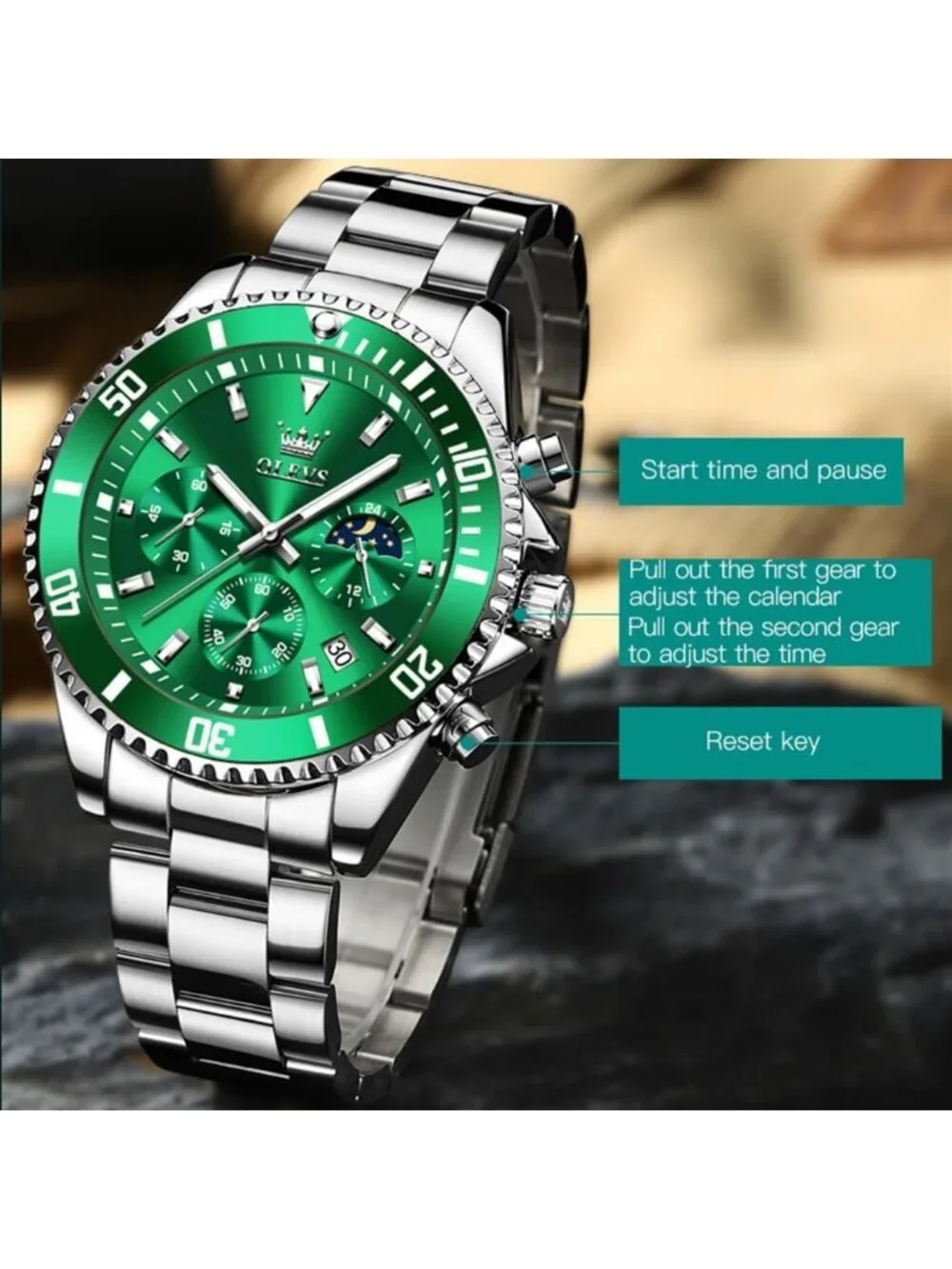 Men's Green Premium Silver Stainless Analog Rotatable Bezel Round Steel Watch